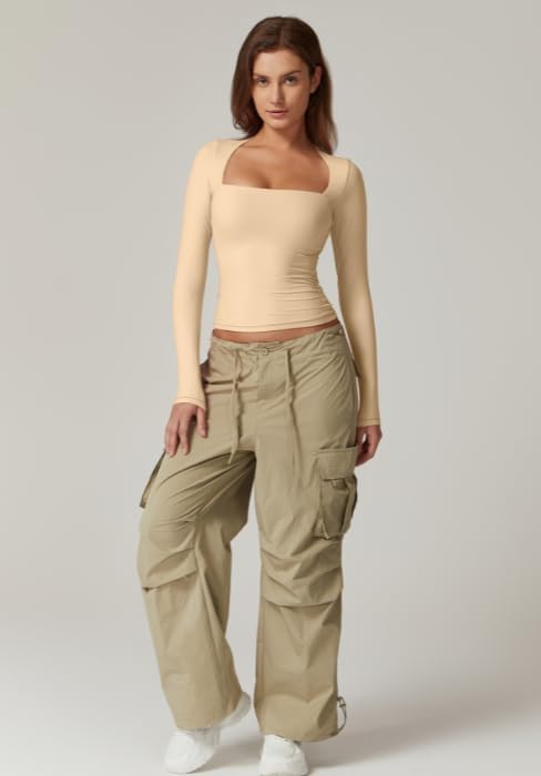 QINSEN Women's Sexy Square Neck Shirt Long Sleeve Double Lined Tees Fitted Going Out Tops - Image 3