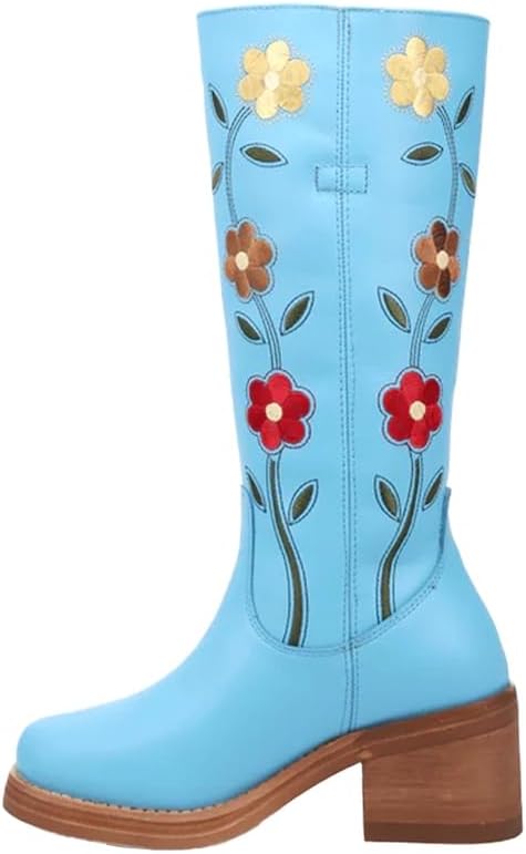 Dingo Womens Bloom Leather Casual Boots Mid Calf Mid Heel 2-3" - Blue