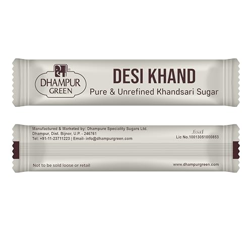 Image of Dhampur Green Desi Khand Sugar Sachets 200 pieces 5g each (1Kg) | Natural Unrefined Khandsari Sugar | Healthy Alternative to White Khand Sugar | Single Serve Sachets for Tea & Coffee | Ideal for Hotels, Cafes & Offices