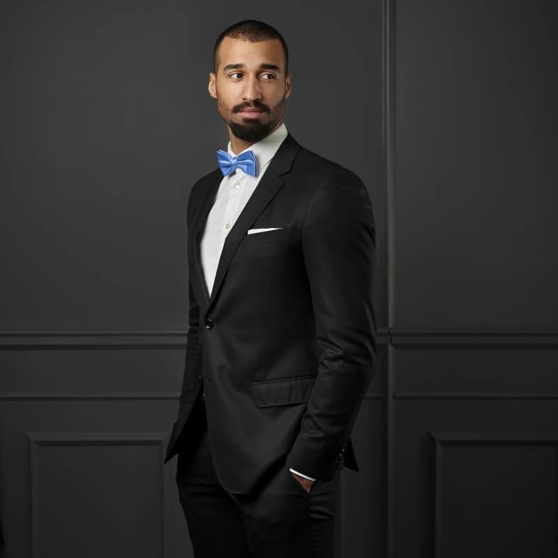 Image of HISDERN Bow Ties for Men Solid Color Pre-Tie Bow Tie and Pocket Square Set Classic Formal Tuxedo Bowties for Wedding Party