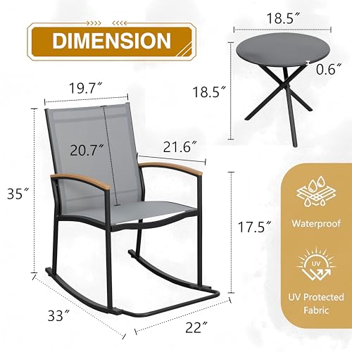 Image of Shintenchi 3 Piece Outdoor Rocking Bistro Set, Textilene Fabric Small Patio Furniture Set, Front Porch Rocker Chairs Conversation Set with Table for Lawn, Garden, Balcony, Poolside (Light Gray)