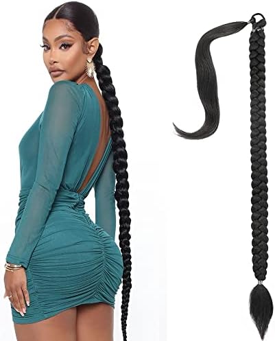 Long Braided Ponytail Extension for Black Women Yaki Straight Wrap Around Black Ponytail Extensions for Braids Ponytail with Hair Tie Natural Soft Hair Piece Synthetic Ponytail Extension (braided)