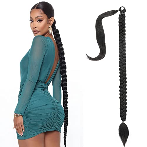 Long Braided Ponytail Extension For Black Women Yaki Straight Wrap Around Black Ponytail Extensions For Braids Ponytail With Hair Tie Natural Soft Hair Piece Synthetic Ponytail Extension (Braided) #TOP2