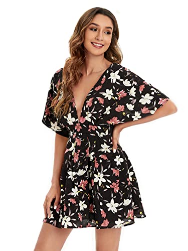 Image of Floerns Women's Tropical Floral Plunging V Neck Tie Open Back Summer Short Dress