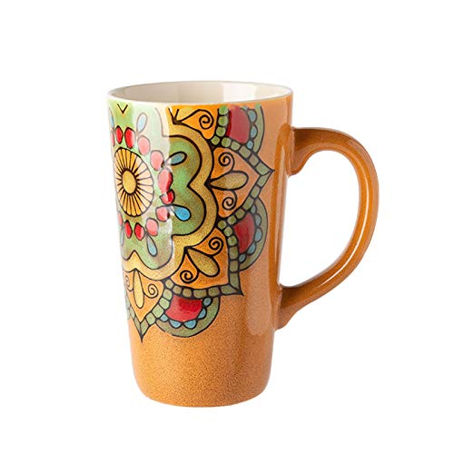 コーヒーマグカップ エスニックスタイルのマグカップレトロな手描きのコーヒーカップ大型カップ大容量セラミックマグマグホームオフィス蓋スプーン500ml ゲーム用マグカップ (Color : Yellow, Size : Single cup)