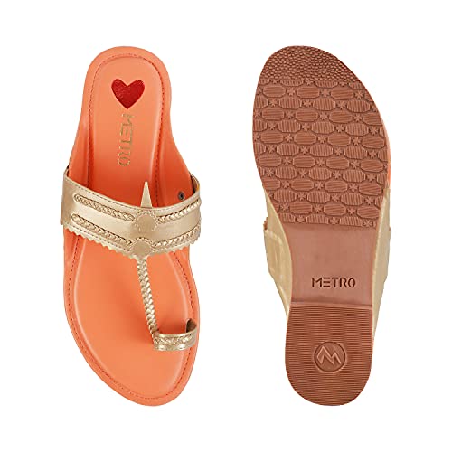 Image of Metro Women's Gold Leather Stylish Fashion Kolhapuris