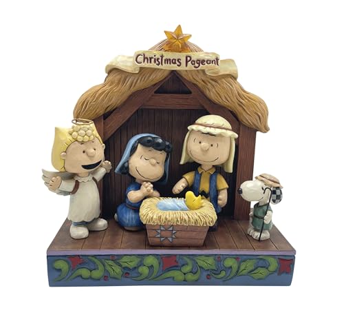 Enesco Peanuts by Jim Shore Christmas Pageant Nativity Scene Lit Figurine-Stone Resin Hand Crafted Painted Collectible Peanuts Snoopy Figurines Christmas Home Decor Statue with Lights 6.89 Inch