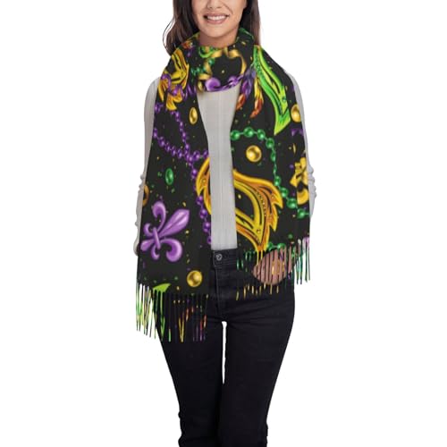 Womens Mardi Gras Cashmere Scarf, Warm Shawl Mardi Gras Green Print, Pashmina Scarves Wrap for Wedding Evening Dresses