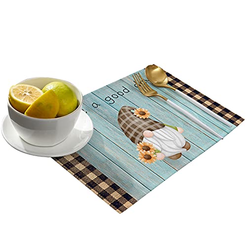 Anoreya 4 Pieces Cartoon Gnome Placemat 13X19 Inch, Rectangle Cotton Linen Heat-Proof Table Mats, Perfect For Parties Holiday Everyday Use, Sunflower Brown Plaid Blue Wood Grain #TOP1