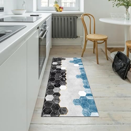 Alfombra de pasillo antideslizante geométrica azul para proteger suelos 5
