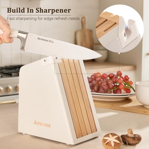Image of Astercook Knife Set, Kitchen Knife Set with Block and Sharpener, 12 Pcs Ultra-Sharp High Carbon Stainless Steel Knife Block Set with Non-Slip Full Tang Ergonomic Handle, Cream White Cutlery Set