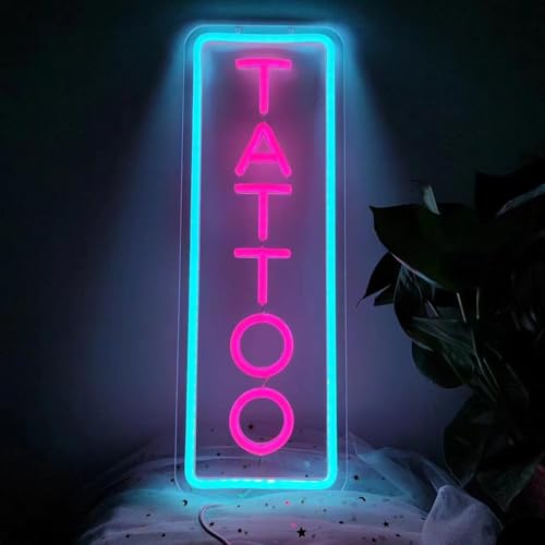 Image of Dimmable Tattoo Neon Sign,LED Reusable Neon Signs,Arylic Ice Blue Tattoo Shop Sign with Dimmer for Tattoo Salon, Studio, Shop Plaque,Tattoo Gifts for Friends,16x5.9in(Ice Blue+Pink)