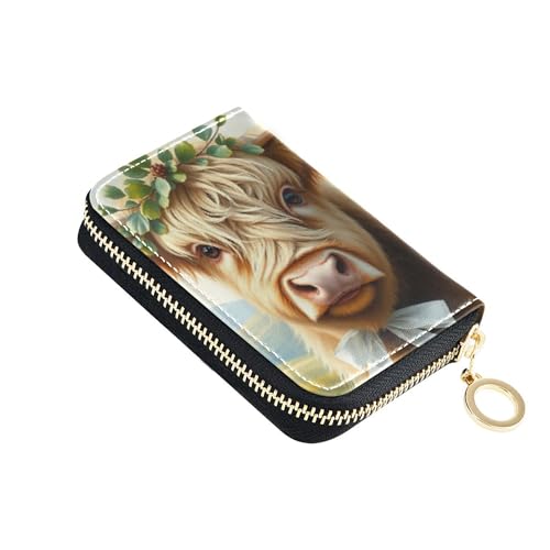 Zippered Women's Wallets Small Credit Card Wallets RFID Blocking Cute Highland Cow Zipper Travel Wallet with Key Ring