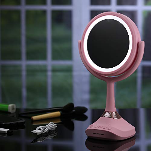 Image of OVENTE Rechargeable Lighted Tabletop Mirror with Speaker, Pink MRT06P1X5X