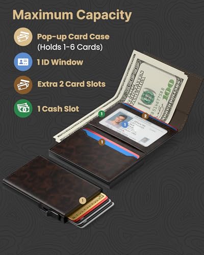 Image of typecase Mens Wallet Card Holder: Pop Up Aluminum Case, Genuine Leather, Smart, RFID Blocking, Slim, Minimalist, Front Pocket - 9-14 Card Capacity | ID Window | Cash Slot (Antique Brown)