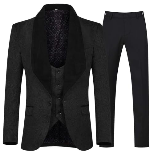 YFFUSHI Men's 3 Piece Suit Slim Fit Jacquard Tuxedo One Button Shawl Collar Jacket Vest Trousers Black