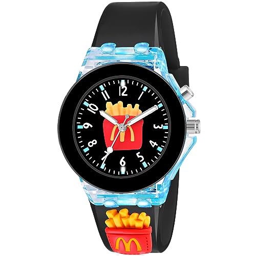 Shocknshop Nylon 3D Cartoon Analouge with 7 Color Glowing Disco Light Unisex Analogue Watch for Kids Girls and Boys (Black Mcd), Multi-Color Dial, Multi-Color Band