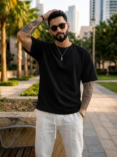 Image of GRECIILOOKS Oversized T Shirt for Men |Summer T-Shirt for Man | Men's Textured Knit Tshirts Summer Casual Round Neck Tee - Lightweight Short Sleeve Streetwear Fashion Trendy Everyday Wear