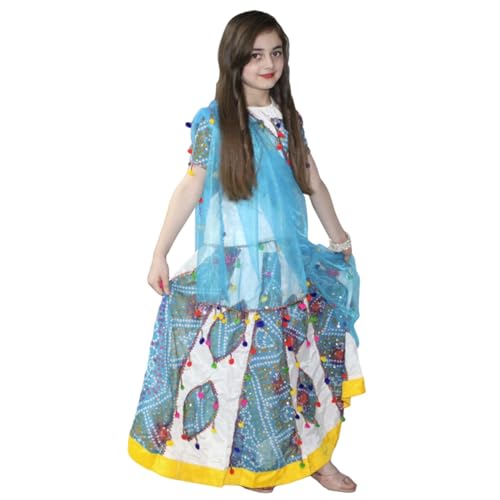 Image of Kaku Fancy Dresses Traditional Radha Costume for Girls - Red & Yellow Lehenga Choli with Dupatta | Indian Mythological Fancy Dress for Janmashtami - 14-17 Years