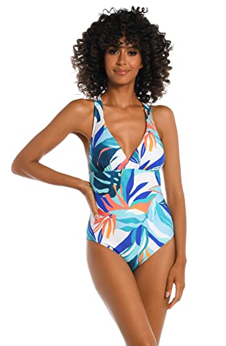 La Blanca Women's Multi Strap Cross Back One Piece Swimsuit, Ice Blue//Coastal Palms, 14