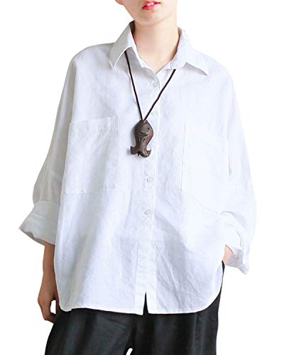 Aeneontrue Daman Leinen Langarm Blusen Übergröße Button-Down-Shirts A-Linie Frühling Loose Fit Tops Shirts mit Tasche Große Größen Blusen Weiß XL Cover