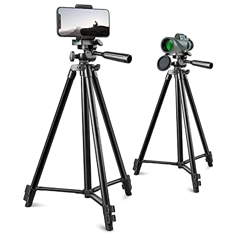 Phone Tripod, 27 Inch Aluminum Lightweight Travelling Tripod Portable Camera Tripod, for Smartphone, DSLR Camera Stand, with Phone Mount & Monocular- Black Cover