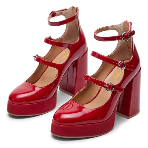 Milooey shoes Women's Round Toe Platform Mary Jane Triple Ankle Strap Chunky High Heel Pumps Back Zipper Dress Cute Party Shoes Size 4-16 Us3