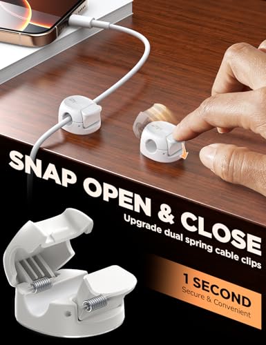 12Pack Cord Organizer [Dual Spring & Clasp] [Max Stability] Cable Clips, Chfeila Cord Holder, Desk Cable Management, Adhesive Wire Organizer for Home Office Desktop Nightstand Car Table Wall - White — view 3