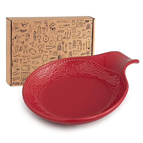 Fun Elements Spoon Rest, Lace Emboss Kitchen Spoon Holder For Stove Top, Ceramic Spoon Rest For Kitchen Counter, Best Gift Idea For Thanksgiving, Christmas And House Warming (Christmas Red) #TOP21