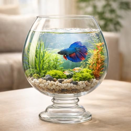 Image of Glass Fish Bowl /Terrarium Wine Cup Decorative Glass Aquarium for Home Decor Elegant Centerpiece for Living Room, Office & Balcony Ideal for Displaying Plants, Pebbles & Fish (10 Inch)