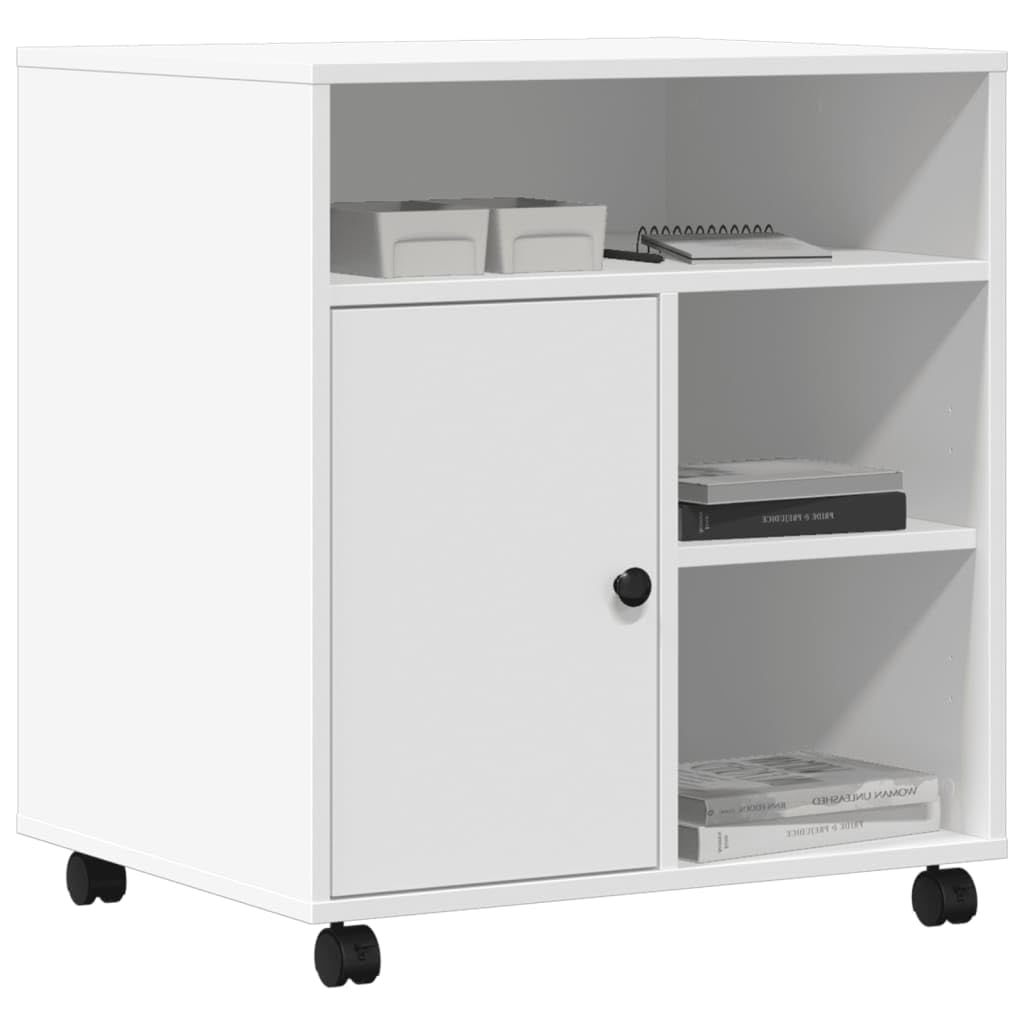 Générique Supporto per stampante bianco con ruote bloccabili, mobile in legno di ingegneria, 60 x 50 x 67 cm, organizer da scrivania con ripiano e contenitore per forniture e libreria