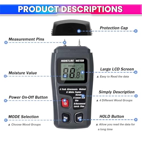Image of amiciSense Wood Moisture Meter with 8 Material Modes, 0-80% RH Range | Digital Humidity Tester for Wood, Cement Motor, Wall, Firewood, Paper, etc