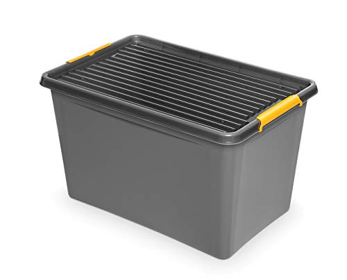 ORPLAST 3 Stück SolidStore Box 60 Liter mit Deckel/Clips/Rädern - 58 x 39 x 35 cm - grau Cover