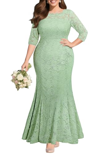 Image of Pinup Fashion Plus Size Formal Dress Women Wedding Lace Evening Gowns | Elegant lace mermaid evening gown, sheer 3 /4 sleeves, ideal for mother of the bride, prom, wedding guest