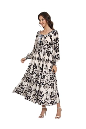 Image of OSTOO Women's 2026 Casual Long Sleeve Square Neck Smocked High Waist Flowy Maxi Dress,Boho Tiered Beach Party Dress