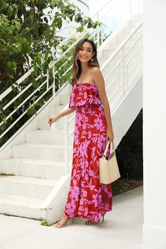 Image of ZMPSIISA Women's Summer Off The Shoulder Maxi Dress Ruffle Strapless Blue White Porcelain Boho Casual Loose Long Dresses
