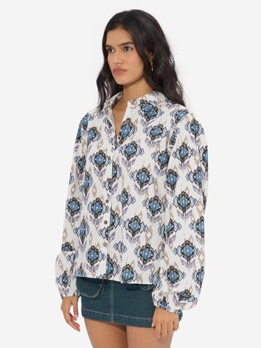 Image of The Souled Store Ikat Twist Women and Girls Long Sleeves Collared Neck Button Front Multicolor All Over Printed Cotton Boyfriend Shirts