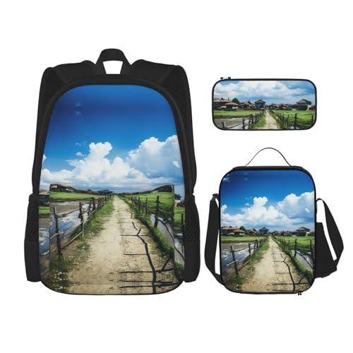 ETASUIOL Beautiful Village Print - Mochila de viaje de 3 piezas con lonchera aislada, para el trabajo o actividades al aire libre, Negro, Talla única