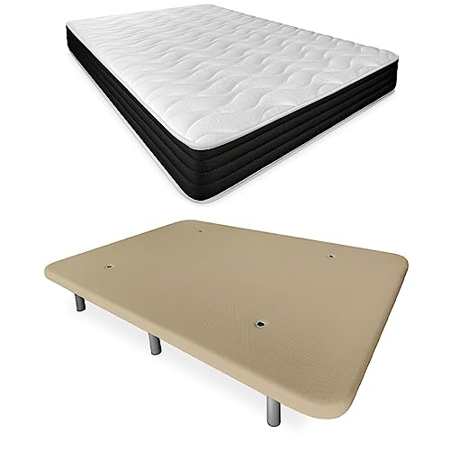 Duérmete Online   Cama Completa con Colchón Pocket Visco Reversible + Base Tapizada Reforzada Color Beige con 6 Patas Metálicas Roscadas, 90 x 190