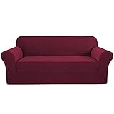 H.VERSAILTEX High Stretch Sofa Cover 2 Pieces Machine Washable Stylish Furniture Cover/Protector with Spandex Jacquard Checked Pattern Fabric (Sofa, Burgundy)