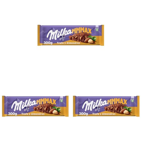 Milka MMMAX Tableta Grande de Chocolate con Leche de los Alpes con Trozos de Almendras, Trufa y Relleno Cremoso de Almendras y Cacao 300g (Paquete de 3)