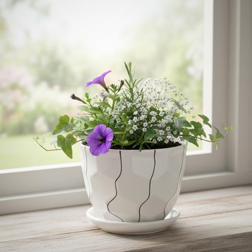 Image of Xtore Graceful Textured Ceramic Planter with Abstract Line Detailing & Drainage Tray | Modern Indoor Plant Pot for Desk, Table & Shelf Styling (Planter only)