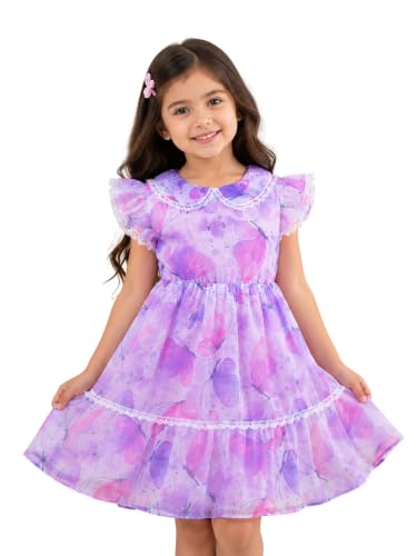 Image of TAGAS Girls Floral Dress | Lavender Flower Print Dressess for Kids | Soft Summer Frock| Casual Birthday & Occasion Wear|