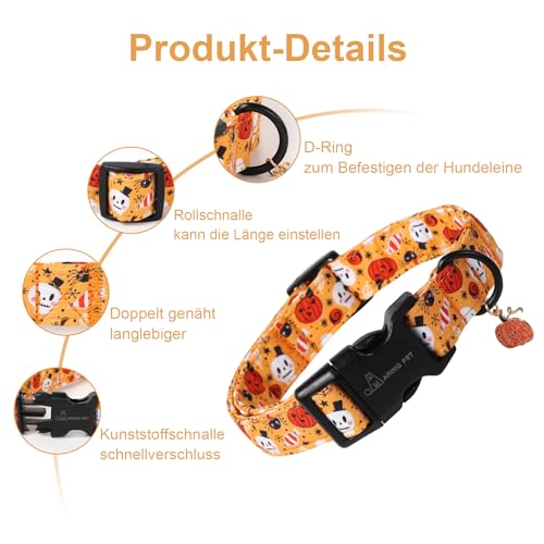 ARING PET Halloween Hundehalsband, Niedlich Kürbis Hundehalsband mit Schnellverschluss aus Kunststoffschnalle, Bequemes Orange Baumwoll Halsband für Jungen und Mädchen Hunde