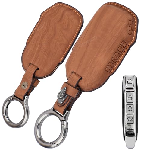 Image of Wooden PU Leather Key Cover Compatible with Kia Seltos 2024 2023 Facelift HTX Carens X Line Sonet Facelift 4 Button Smart Key Stylish Wooden Texture & Durable Premium Leather Protection