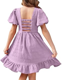 Arshiner Girls Summer Skater Dress Party Fashion Dresses Puff Short Sleeve Ruffled Hem Dresses Princess Party Dress Gifts for Kids Age 13-14 Years Purple
