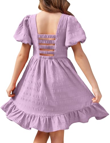 Arshiner Kleid Mädchen Prinzessin Party Sommer Festlich Kinder Kleider Puff Kurzarm Knielang Elegant Sommerkleid Lila 4