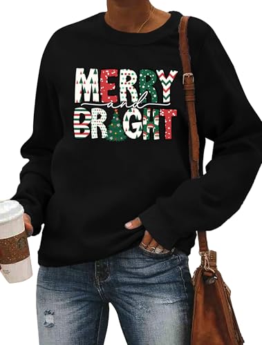 Image of Christmas Sweatshirt Women Merry and Bright Christmas T-Shirt Funny Xmas Lights Blouse Tops Holiday Shirts