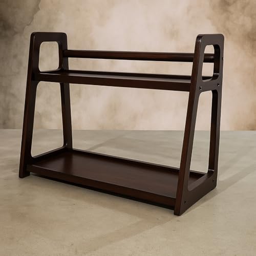 Image of 2 Tier Wooden Kitchen Organizer Rack for Countertop | Spice Jar Storage Shelf | Countertop Kitchen Rack 45x20x40 cm Brown | Wooden Storage Stand for Home and Kitchen