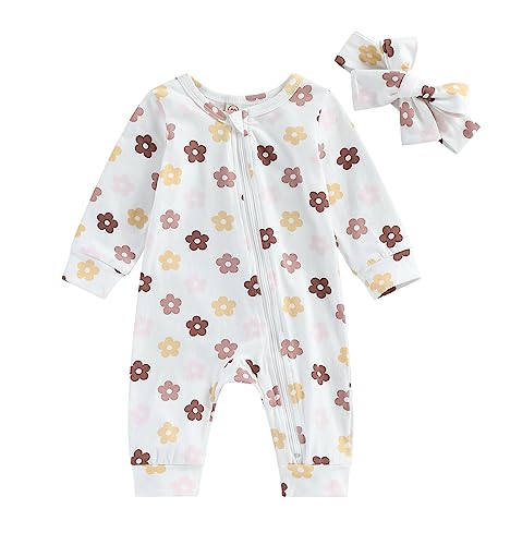 Image of Newborn Baby Girl Romper Fall Clothes Long Sleeve Flower Zipper Romper Organic Cotton One-Piece Jumpsuit Coverall (White, 0-3 Months)
